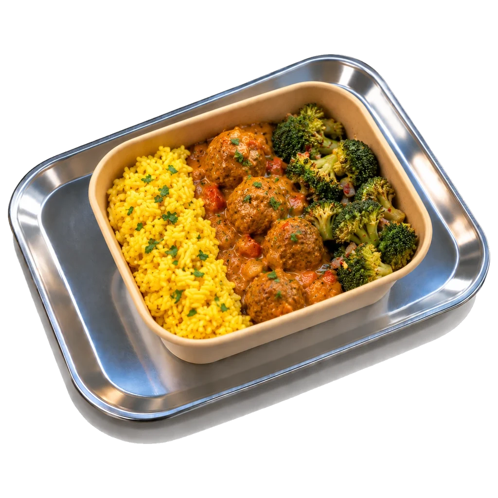 Kip-Kokos-Madras Balletjes met Gele Rijst en Broccoli